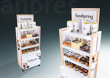 Foodspring/Zweitplatzierung/Bodendisplay/Massivholz/nachhaltig